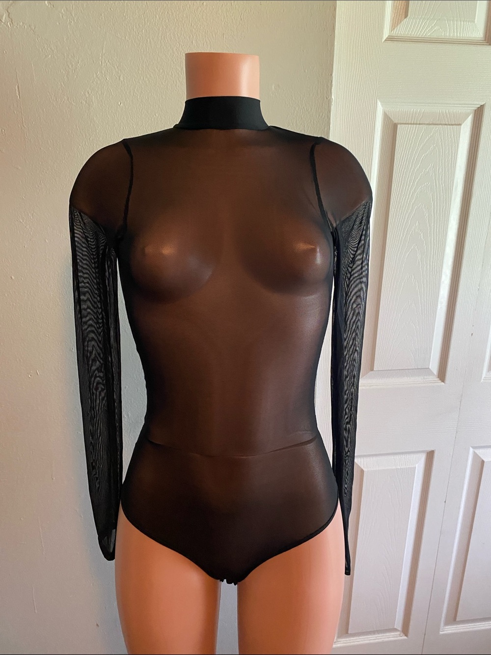 Black Sheer Mock Neck Long-Sleeve Bodysuit